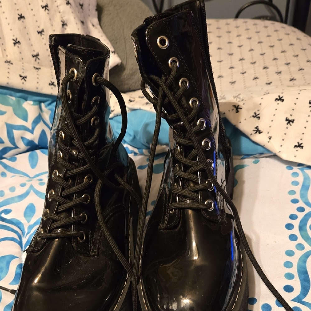 Divided Black Patent Lace Up Boots